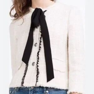 Zara White Boucle Tweed Style Button Up Jacket with Black Bow - Size Small